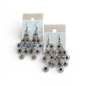 Silver Floral Chandelier Earrings Set Multicolor Dangle Statement Boho Earrings
